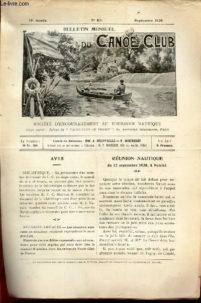 BULLETIN MENSUEL DU CANOE CLUB - N113 - Septembre 1920 / Reunion nautique du 12 sept. 1920 / Le budget du canoesiste .