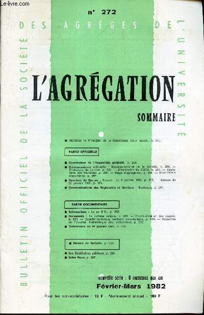 L'AGREGATION - N272 - FEV-MARS 1982 / Convocation de l'Assemble generale / Correspondance officielle / reunion de bureau etc...