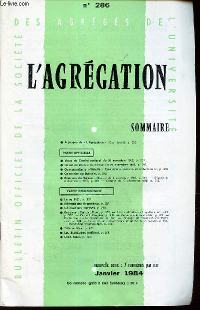 L'AGREGATION - N286 - Janv 1984 / voeux du Comit national du 20 nov 1983 / Communication a la presse du 21 nov 1983 / Lu au B.O. / etc...