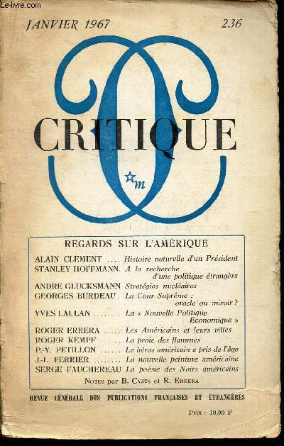 CRITIQUE - N236 - JANVIER 1967 / REGARDS SUR L'AMERIQUE.