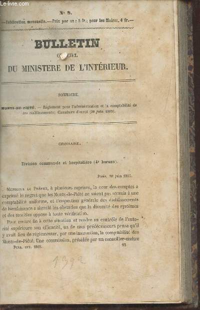 Bulletin officiel du ministre de l'intrieur n8 - Rglement pour l'administration et la comptabilit de ces tablissements; circulaire d'envoi 30 juin 1865.
