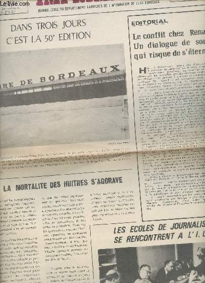 Imprimatur journal cole du dpartement carrires de l'information de l'iut Bordeaux n55 mercredi 12 mai 1971 - Dans trois jours c'est la 50e dition - le conflit chez Renault un dialogue de sourds qui risque de s'terniser - la mortalit des huitres etc