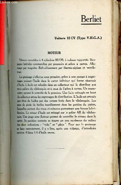 Guide du garagiste Kervoline 1928 : Berliet voiture 12 cv (Types V.H.G.A.).