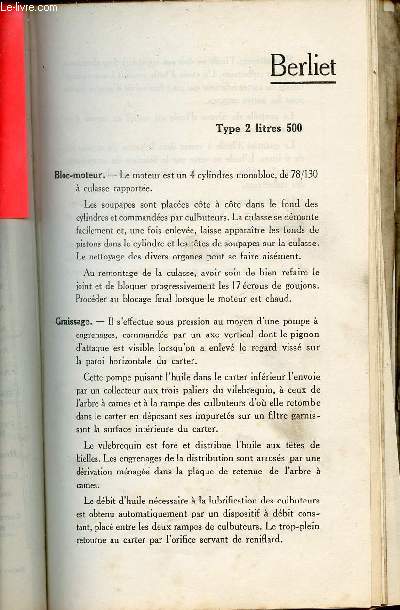 Guide du garagiste Kervoline 1928 : Berliet type 2 litres 500.