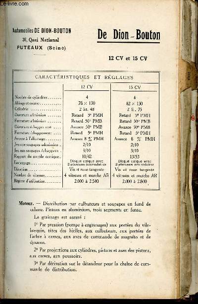 Guide du garagiste Kervoline 1928 : De Dion - Bouton 12 cv et 15 cv - Automobiles de Dion-Bouton Puteaux (Seine).