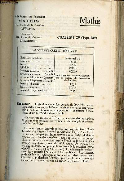Guide du garagiste Kervoline 1928 : Mathis Chassis 8 cv Type MY.