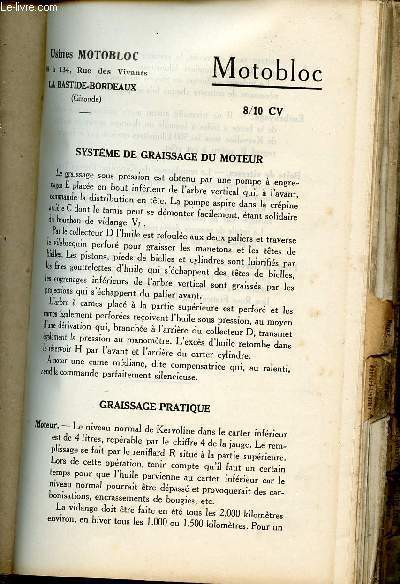 Guide du garagiste Kervoline 1928 : Motobloc 8/10 cv - Usines motobloc la Bastide-Bordeaux (Gironde).