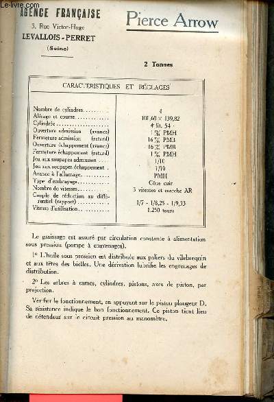 Guide du garagiste Kervoline 1928 : Pierce Arrow 2 tonnes - Agences franaises Levallois-Perret (Seine).