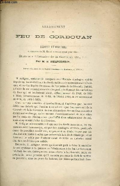 Abaissement du Feu de Cordouan - Réponse péremptoire au mémoire de M.Henri Artigue ayant pour titre : Etude sur l'estuaire de la Garonne etc par M.E.Delfortrie.