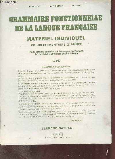 Grammaire fonctionnelle de la langue franaise - Matriel individuel cours lmentaire 2e anne - Pochette de 20 fiches  dcouper contenant le matriel individuel pour 5 lves.