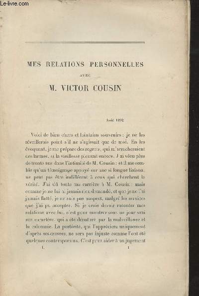 Victor Cousin sa vie et sa correspondance - Tome 1.