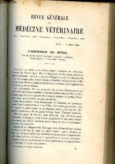 Revue gnrale de mdecine vtrinaire n9 1er mai 1903 - L'assurance du btail par le Dr Kopp - un symptme de l'encastelure par Ostite primitive par M.A.Huret - Pylo nphrite par infection ombilicale chez un veau par Baillet et Srs etc.