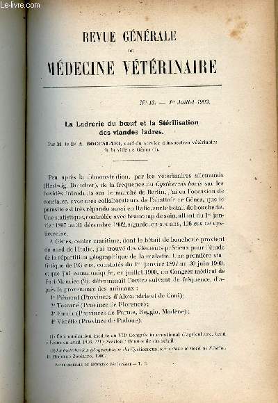 Revue gnrale de mdecine vtrinaire n13 1er juillet 1903 - La Ladrerie du boeuf et la strilisation des viandes ladres par le Dr A.Boccalari - sur la diffrenciation des viandes par les srums prcipitants par MM.Nicolas et Valle etc.