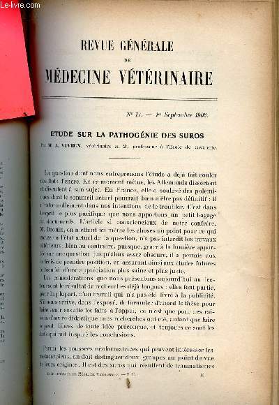 Revue gnrale de mdecine vtrinaire n17 1er septembre 1903 - Etude sur la parthognie des suros par M.L.Vivien - sur l'inspection des viandes provenant d'animaux tuberculeux par M.A.Mandrs - compte rendu des travaux du premier congrs etc.