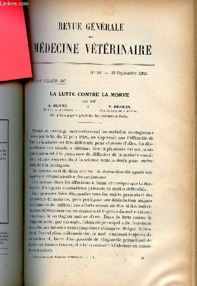 Revue gnrale de mdecine vtrinaire n18 15 septembre 1903 - La lutte contre la morve par A.Blanc et V.Drouin - hernie pancratique ancienne et autres lsions chroniques de l'intestin chez une jument tiqueuse leurs rapports avec le tic etc.