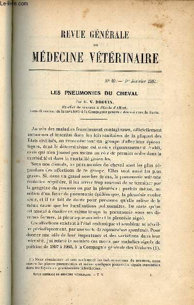 Revue gnrale de mdecine vtrinaire n49 1er janvier 1905 - Les pneumonies du cheval par V.Drouin - sur l'emploi de la sonde stomacale chez le cheval par Docteur Marek.