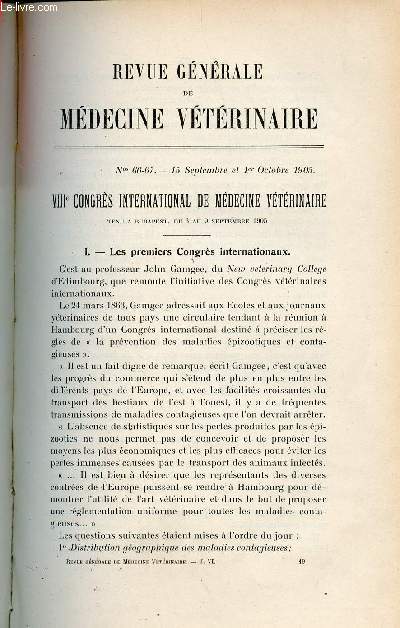 Revue gnrale de mdecine vtrinaire n66-67 15 septembre et 1er octobre 1905 - VIIIe congrs national de mdecine vtrinaire - police sanitaire vtrinaire - vaccination contre la tuberculose des bovids rapport du Dr Hutyra etc.