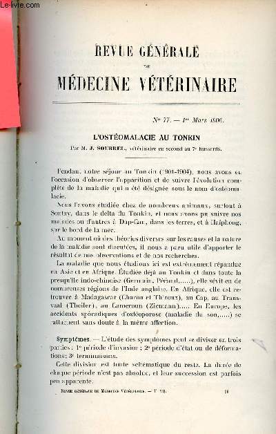 Revue gnrale de mdecine vtrinaire n77 1er mars 1906 - L'ostomalacie au Tonkin par M.J.Sourrel - sur un cas probable de nvralgie cervico-brachiale chez le cheval par Dr Drouet - la prophylaxie de la tuberculose d'aprs Von Behring etc.