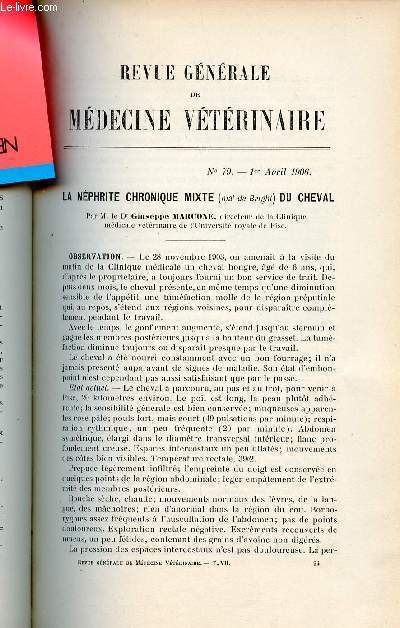 Revue gnrale de mdecine vtrinaire n79 1er avril 1906 - La nphrite chronique mixte (mal de bright) du cheval par le Dr Giuseppe Marcone - les viandes fivreuses par E.Csari et L.Panisset - le service vtrinaire de l'arme prussienne.