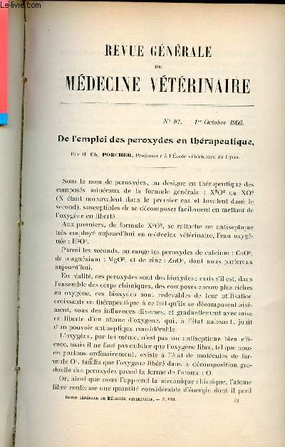 Revue gnrale de mdecine vtrinaire n91 1er octobre 1906 - De l'emploi des peroxydes en thrapeutique par M.Ch.Porcher - une nouvelle pince  castration par le Dr F.Cinotti - l'immunisation antituberculose par Paul Haan etc.