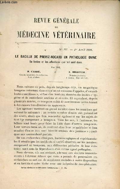 Revue gnrale de mdecine vtrinaire n127 1er avril 1908 - Le bacille de Preisz-Nocard en pathologie ovine sa toxine et les affections qui lui ont dues par H.Carr et L.Bigoteau - encphalite chez le cheval par M.E.Tabusso etc.