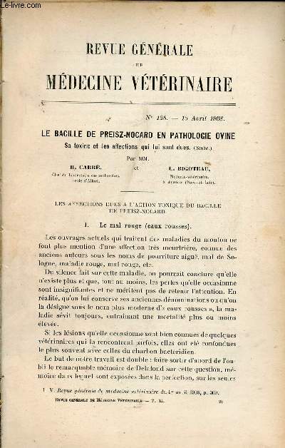 Revue gnrale de mdecine vtrinaire n128 15 avril 1908 - Le bacille de Preiscz-Nocard en pathologie ovine sa toxine et les affectoins qui lui sont dues (suite) par H.Carr et L.Bigoteau - recherches statistiques sur les causes des tares osseuses etc.