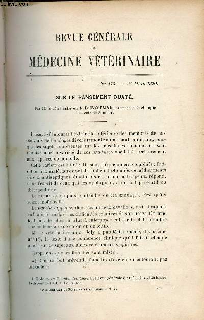 Revue gnrale de mdecine vtrinaire n173 1er mars 1910 - Sur le pansement ouat par Dr Fontaine - fibrosarcome et sarcosporidiose des plans profnds de la poitrine (suite et fin) par Sabrazs, Marchal et Muratet - la lgislation allemande etc.