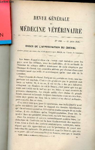 Revue gnrale de mdecine vtrinaire n180 15 juin 1910 - Bases de l'apprciation du cheval par Joly - abcs gourmeux du mdiastin communiquant avec un phlegmon sous ternal par Dr Drouet et Rouaud - spicilge vtrinaire Saint Blaise Sainte Brigitte etc