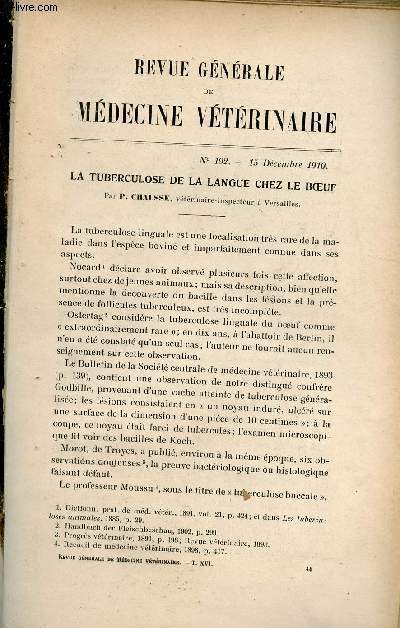 Revue gnrale de mdecine vtrinaire n192 15 dcembre 1910 - La tuberculose de la langue chez le boeuf par P.Chauss .