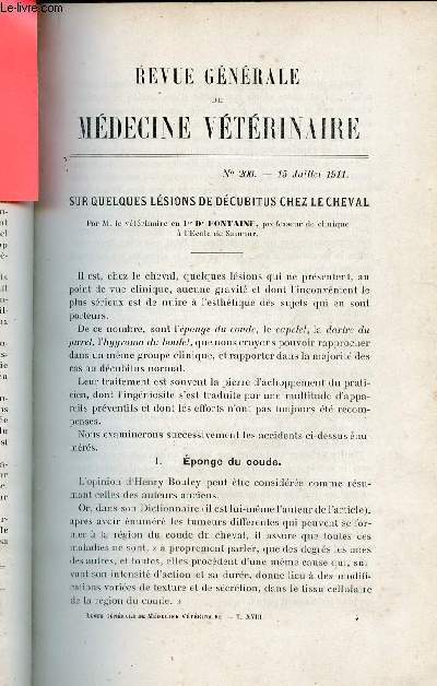 Revue gnrale de mdecine vtrinaire n206 15 juillet 1911 - Sur quelques lsions de dcubitus chez le cheval par Dr Fontaine - contribution  l'tude des lymphangites du cheval tude clinique et exprimentale par Guido Finzi.