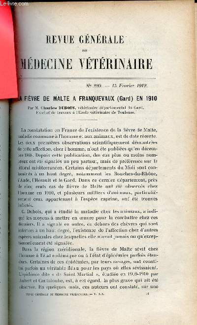 Revue gnrale de mdecine vtrinaire n220 15 fvrier 1912 - La fivre de Malte  Franquevaux (Gard) en 1910 par Charles Dubois - le traitement de la fivre aphteuse par les mdicaments arsenicaux par L.Panisset etc.