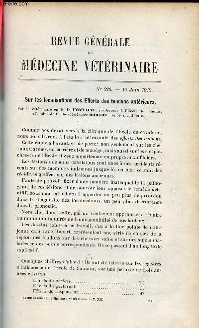 Revue gnrale de mdecine vtrinaire n228 15 juin 1912 - Sur les localisations des efforts des tendons antrieurs par Dr Fontaine - dilatation aigu de l'estomac chez le chien par L.Naudin.