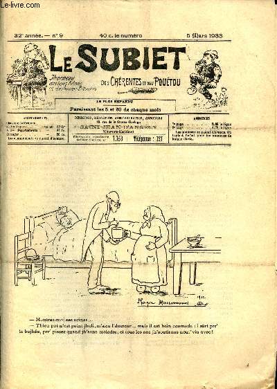 Le Subiet des Chrentes et Dau Poutou n9 32e anne 5 mars 1933 - Dessin de Roger Massonnaud - ls deux jau par Burgaud des Marets - les gassots par Louis Perceau - rflexions d'un abruti par Th.K.Yon - Suzon est grand'mre par A.Lacroix etc.