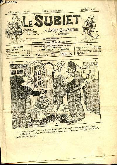 Le Subiet des Chrentes et Dau Poutou n14 32e anne 20 mai 1933 - Un dessin de Lxis Chaboussa - adieu  la boune mie par Goulebenze - Suzon est grand'mre (suite) par A.Lacroix - la ronde dau Couffi par Lexis Chabouessa - comment maigrir etc.