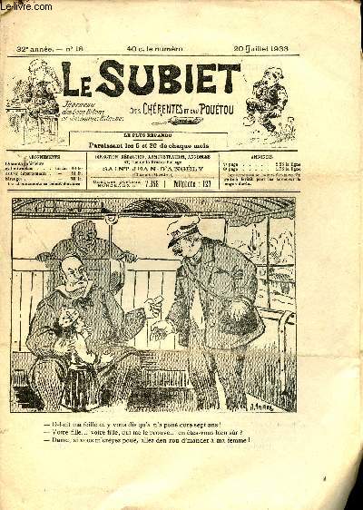 Le Subiet des Chrentes et Dau Poutou n18 32e anne 20 juillet 1933 - Un dessin de Amiaux - Olympe la Piote par A.Meliet - pleurs dans la nuit par F.Boeuf - Suzon est grand'mre (suite) par A.Lacroix - la visite de la Salutiste par Isidore etc.