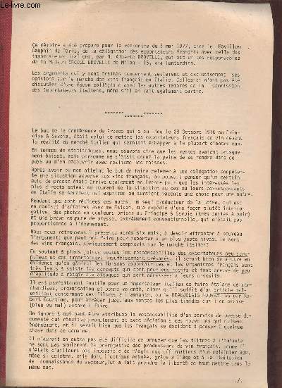 Mmoire pour la rencontre du 6 mai 1977 chez le Pavillon Dauphin de Paris de la dlgation des exportateurs franais avec celle des importateurs italiens par Alberto Brovelli.