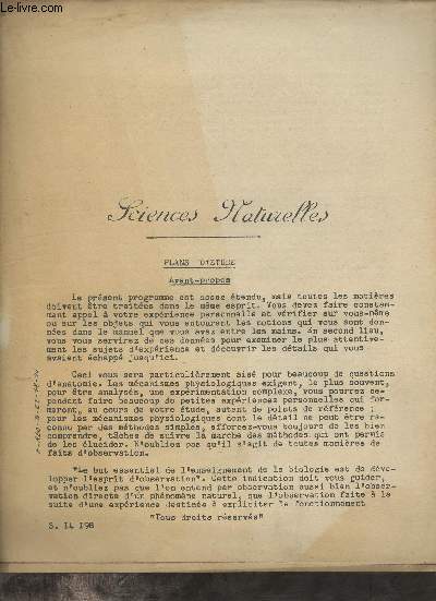 Sciences naturelles plans d'tude.
