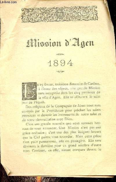 Plaquette : Mission d'Agen 1894.