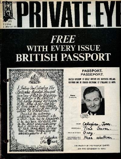 Private Eye - n162 Friday 1 march 1968 - Free with every issue british passport - colour section - passport to nowhere Claud Cockburn - true stories Christopher Logue - mercenaries rally behind mac mac - the age of the britain backers etc.