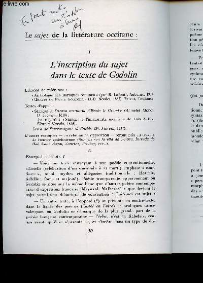 Le sujet de la littrature occitane - L'inscription du sujet dans le texte de Godelin.