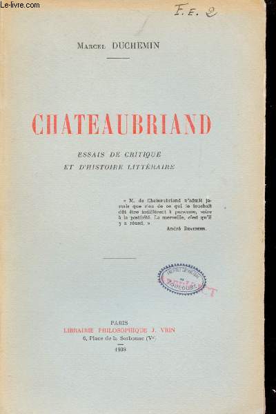 Chateaubriand essais de critique et d'histoire littraire.