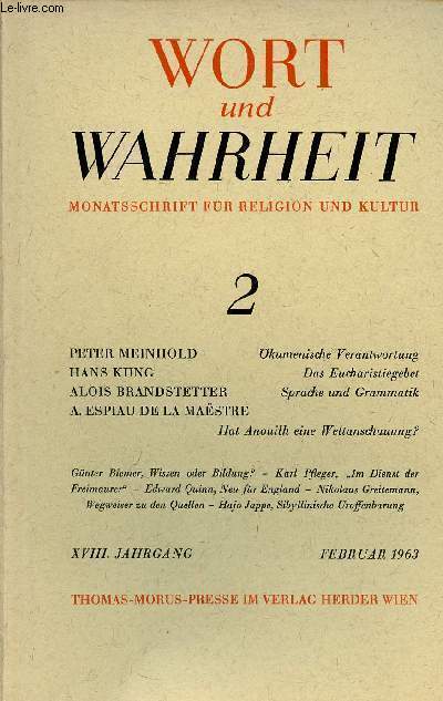Tir  part : Wort und Wahrheit n2 februar 1963 - Hat Anouilh eine Weltanschauung ? par A.Espiau de la Mastre.