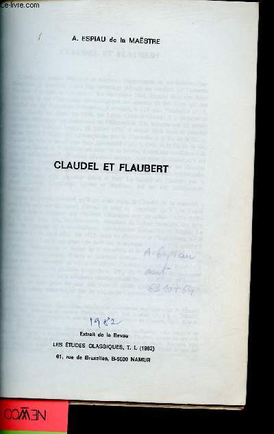 Claudel et Flaubert - Extrait de la revue les tudes classiques T.L 1982 -