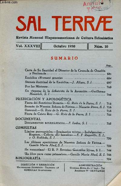 Sal Terrae n10 vol.XXXVIII octubre 1950 - Carta de su Santidad al Director de la Cruzada de Oracion y penitencia - enciclica humani generis - sintesis doctrinal de la enciclica - por las misiones - en visperas de la definicion de la asuncion etc.