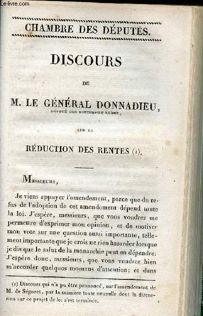 Discours de M.Le Gnral Donnadieu sur la rduction des rentes - Chambre des dputs.