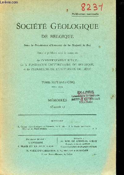 Socit gologique de Belgique - Tome Septante Cinq 1951-1952 - Mmoires fascicule 1 - L.Cahen les groupes du l'Urundi du Kibali et de la Ruzizi au Congo Oriental et Nord-Oriental.