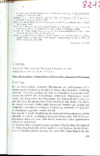 Neue Limnocythere-Arten (Ostracoda) aus dem deutschen Pleistozn - Sonderdruck aus Monatsberichte der Deutschen Akademie der Wissenschaften zu Berlinb band 10 heft 7 1968.