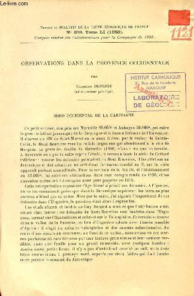 Observations dans la Provence Occidentale - Extrait du bulletin de la carte gologique de France n239 Tome LI 1953.