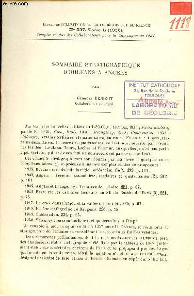 Sommaire Stratigraphique d'Orlans  Angers - Extrait du bulletin de la carte gologique de France n237 Tome L 1952.