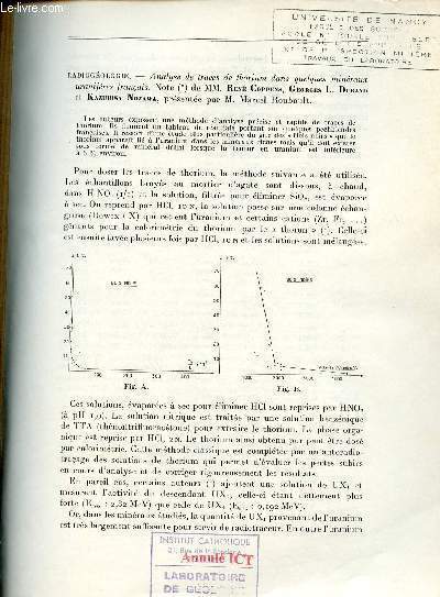 Analyse de traces de thorium dans quelques minraux uranifres franais - Tir  part Comptes rendus des sances de l'acadmie des Sciences T.253 p.884-886 1961.